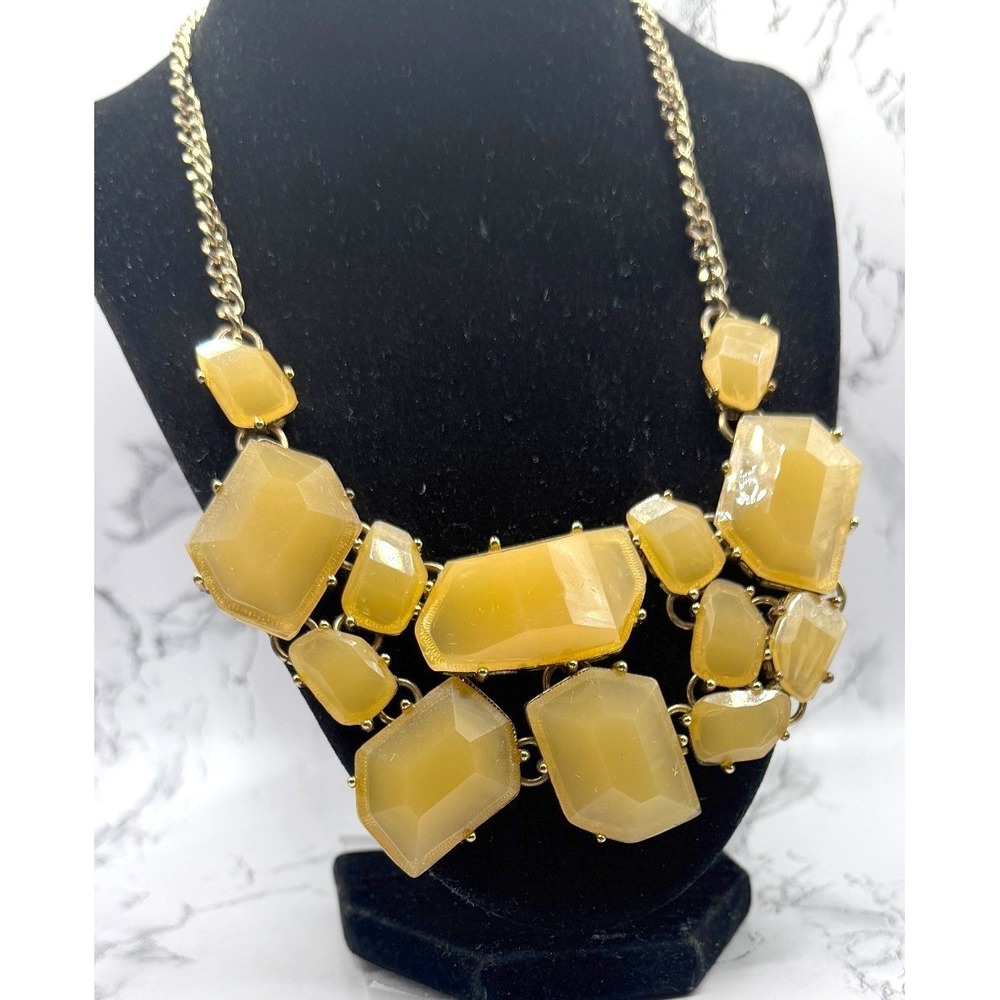 Chunky Yellow Statement Necklace Gold Tone Bib Resin‎ Gem 19-22"